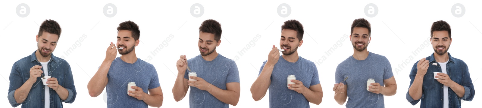 Image of Collage with photos of young man with tasty yogurt on white background. Banner design