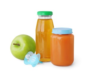 Photo of Healthy baby food, apple and pacifier on light grey background