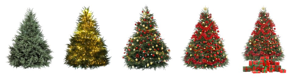 Christmas tree isolated on white, step-by-step decorating