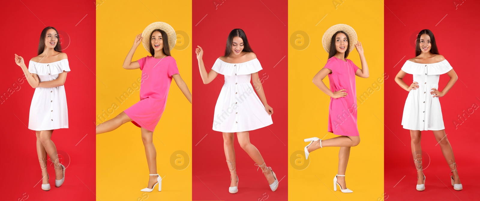 Image of Collage with photos of young woman wearing different dresses on bright backgrounds