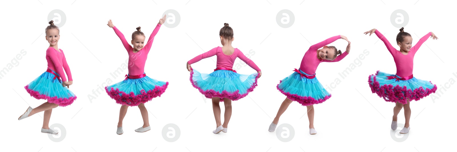 Image of Cute little girl in costume dancing on white background, set of photos