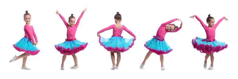 Image of Cute little girl in costume dancing on white background, setphotos