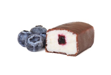 Photo of Piece of glazed curd with blueberry filling isolated on white