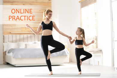 Image of Mother and daughter practicing yoga at home 