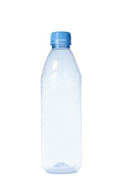 Photo of Empty plastic bottle on white background. Recycling problem