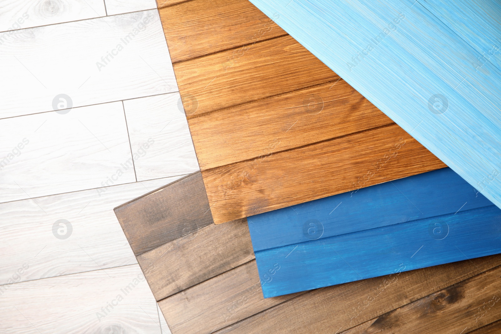 Photo of Different wooden surfaces for photography, flat lay. Stylish photo background