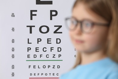 Photo of Little girl with glasses against vision test chart, selective focus