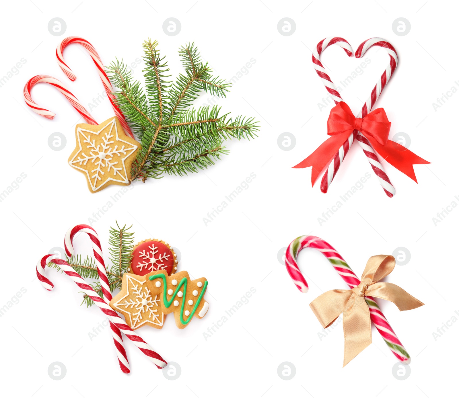 Image of Set of tasty Christmas candy canes on white background, top view