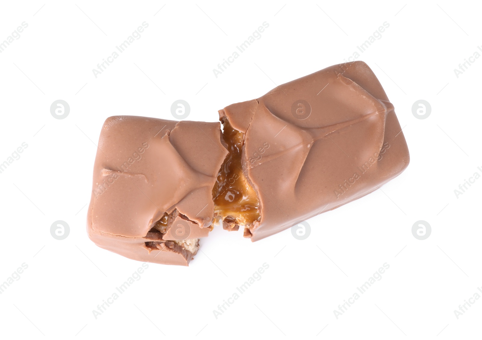 Photo of Tasty chocolate bar with nougat isolated on white, top view