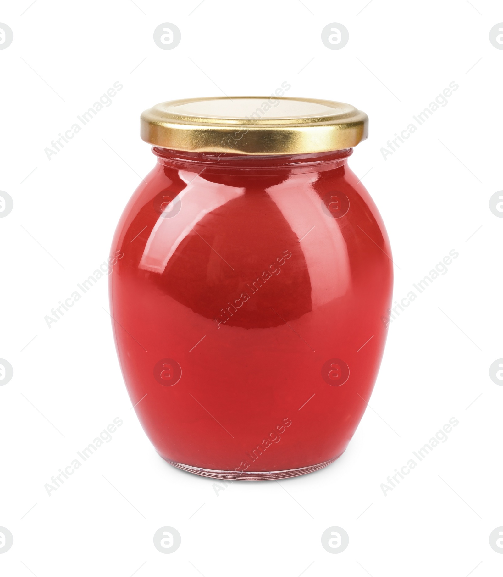 Photo of Organic ketchup in glass jar isolated on white. Tomato sauce
