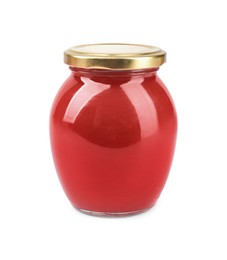 Photo of Organic ketchup in glass jar isolated on white. Tomato sauce