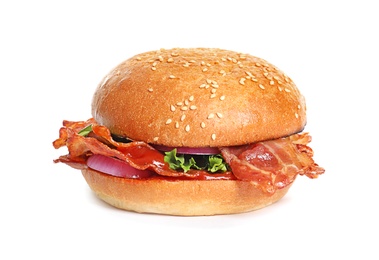 Tasty burger with bacon on white background