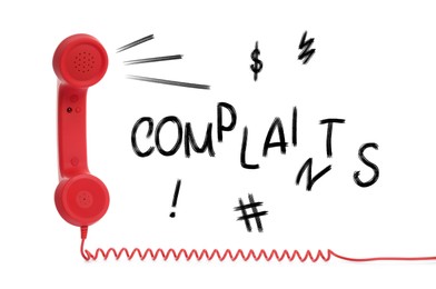 Image of Red corded telephone handset, word Complaints and illustrations on white background