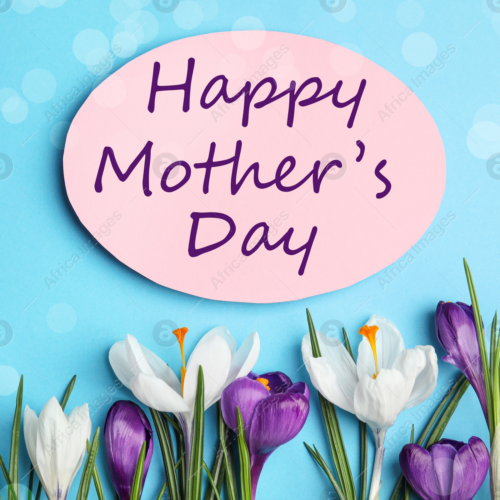 Image of Card with phrase HAPPY MOTHER'S DAY and flowers on light blue background, flat lay