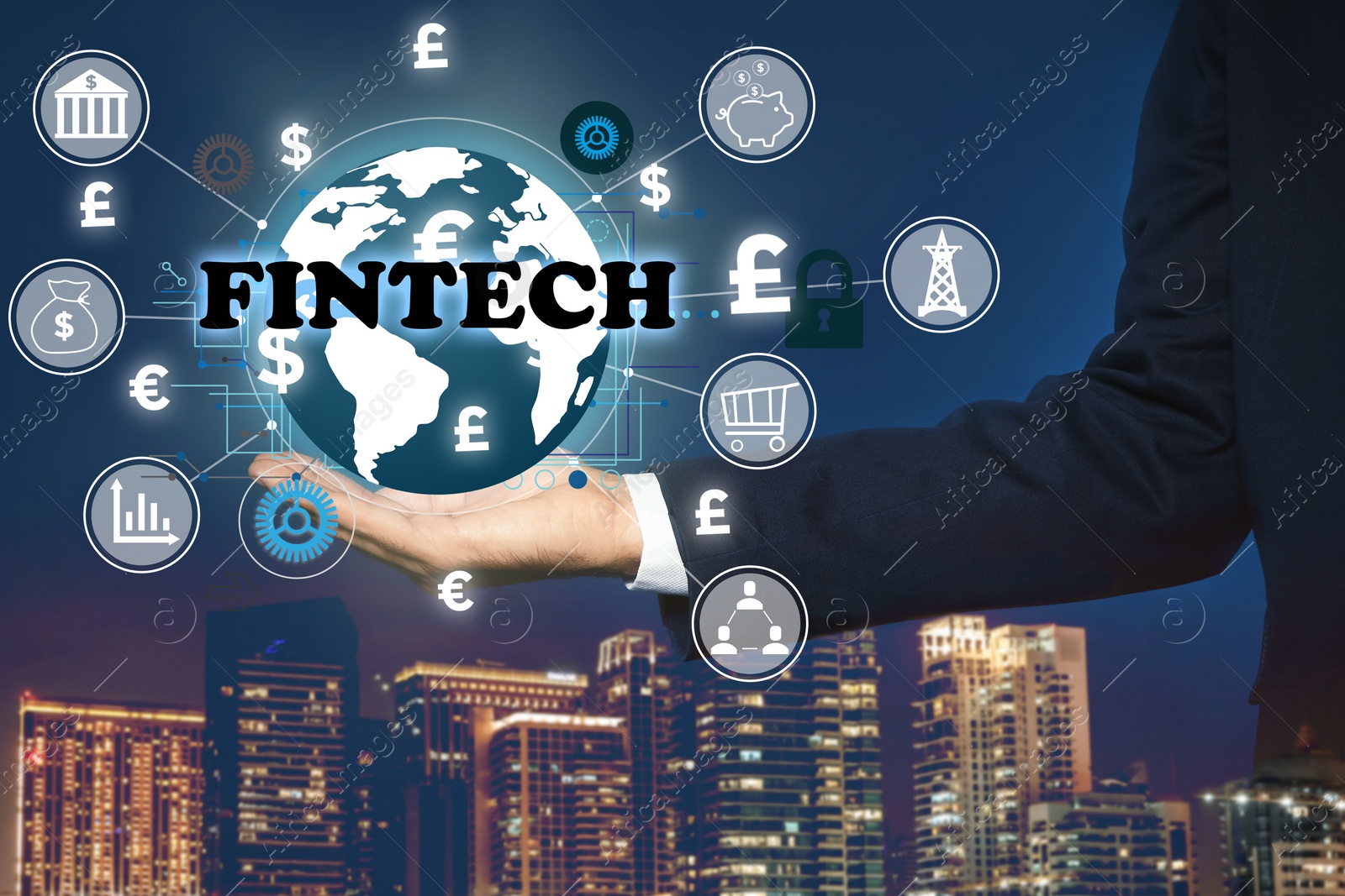 Image of Fintech concept. Man demonstrating world globe and different icons