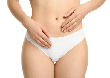 Photo of Gynecology. Woman in underwear on white background, closeup