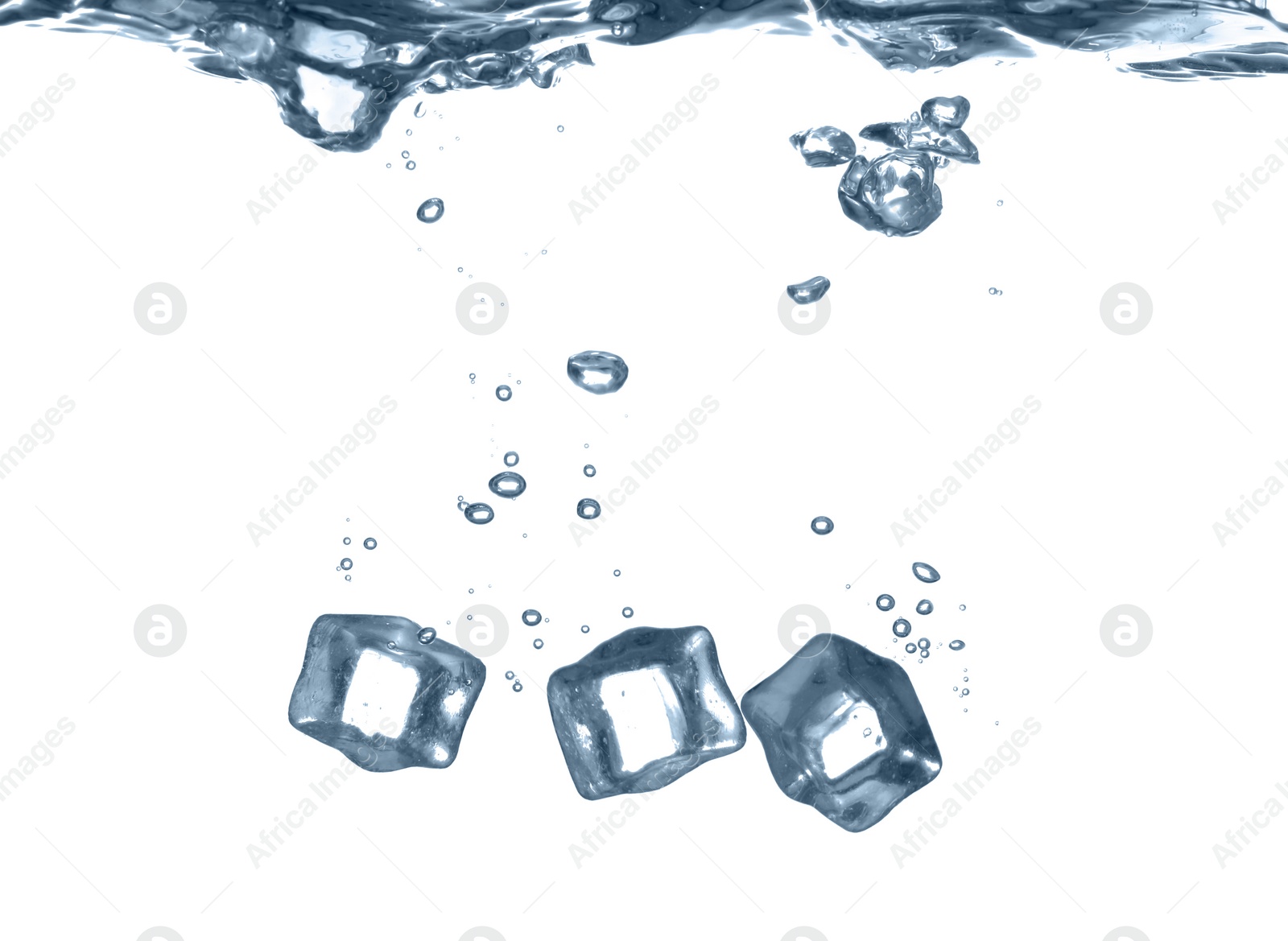 Photo of Ice cubes falling into water against white background