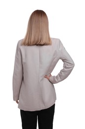 Businesswoman posing on white background, back view