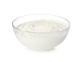 Bowl with sour cream on white background