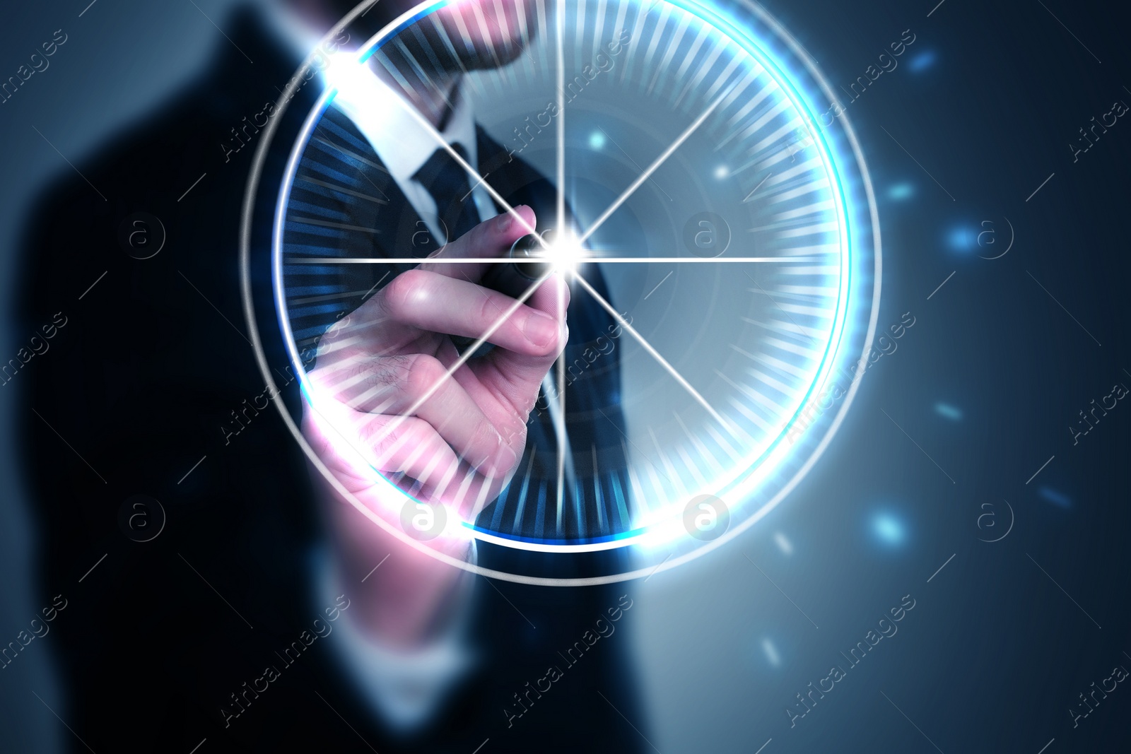 Image of Businessman aiming at virtual screen with digital target against dark blue background, closeup