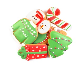Photo of Pile of Christmas cookies on white background, top view