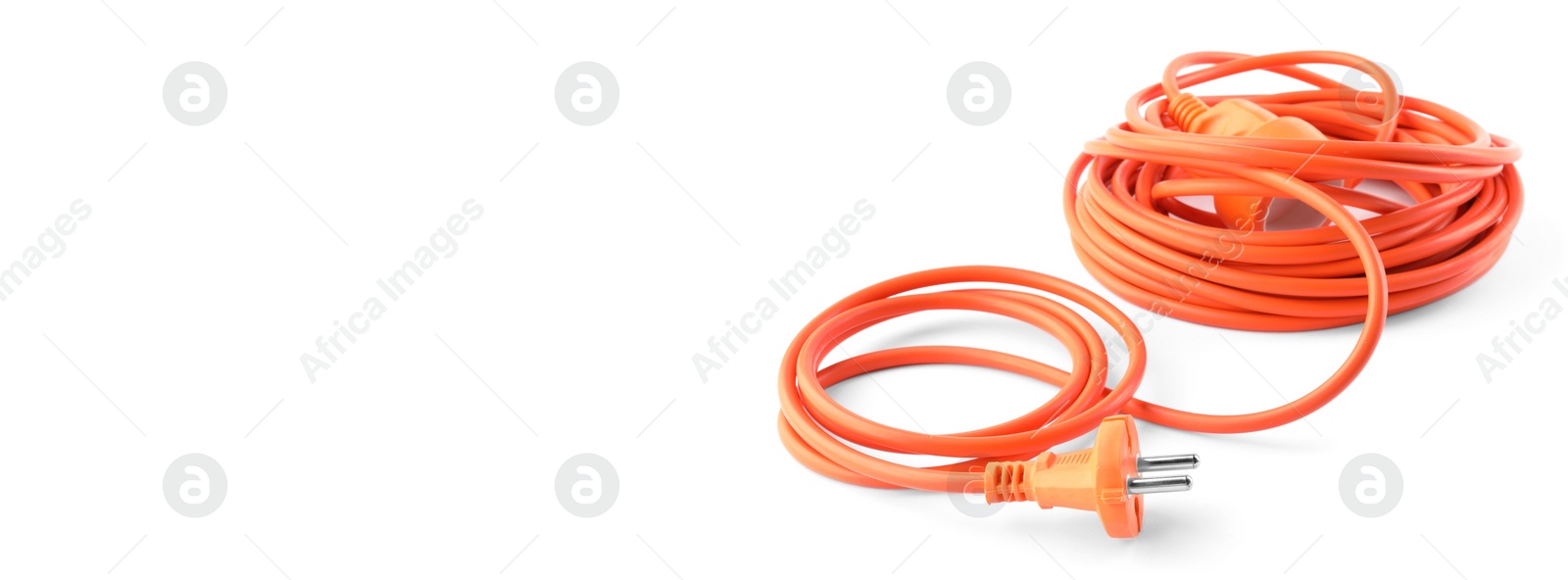 Image of One extension cord on white background. Space for text