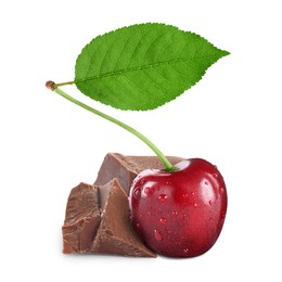 Image of Fresh cherry and pieces of chocolate isolated on white