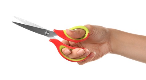 Photo of Woman holding office scissors isolated on white, closeup