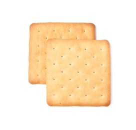 Photo of Two crispy crackers isolated on white, top view. Delicious snack