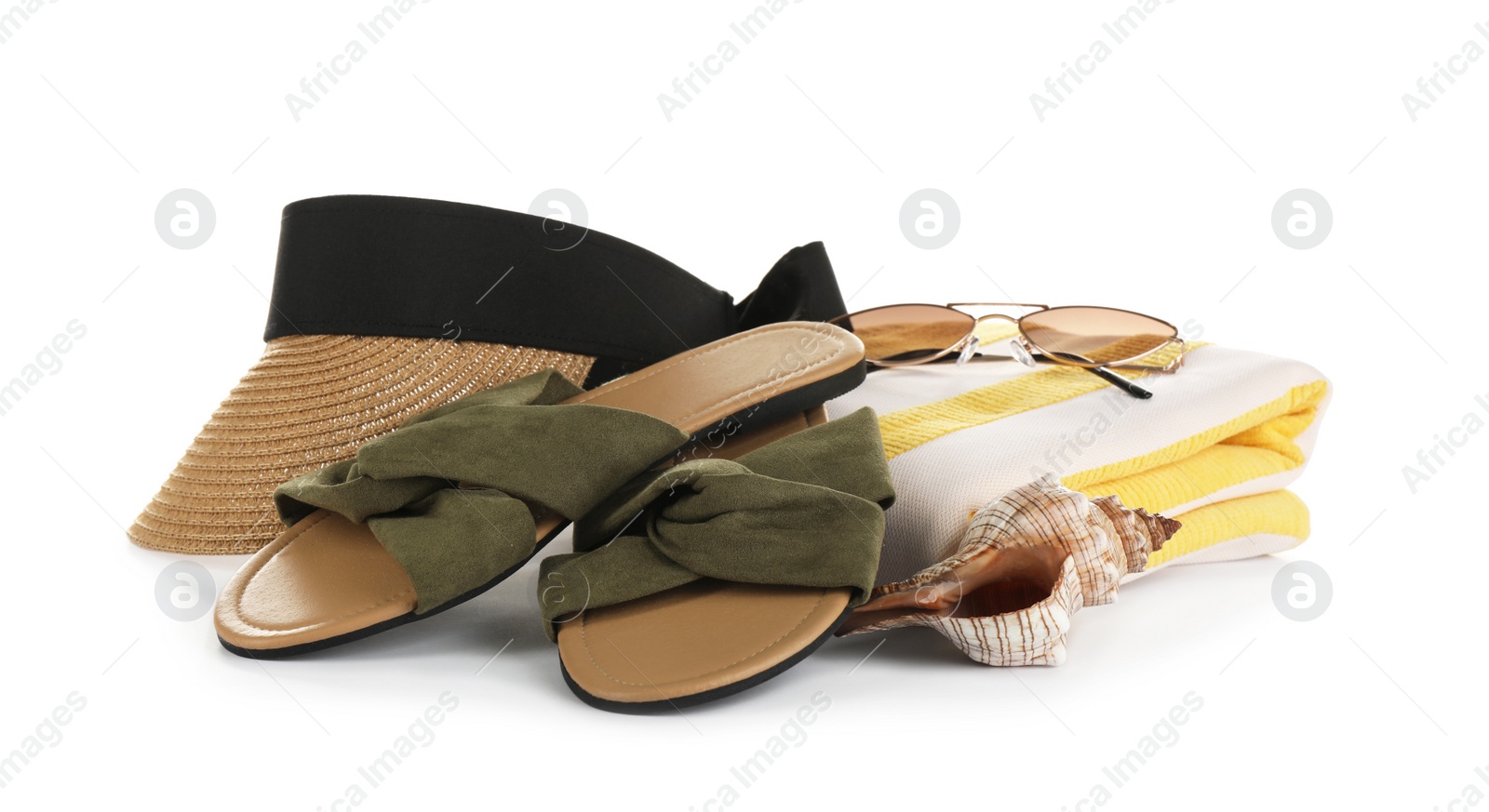 Photo of Different stylish beach accessories on white background