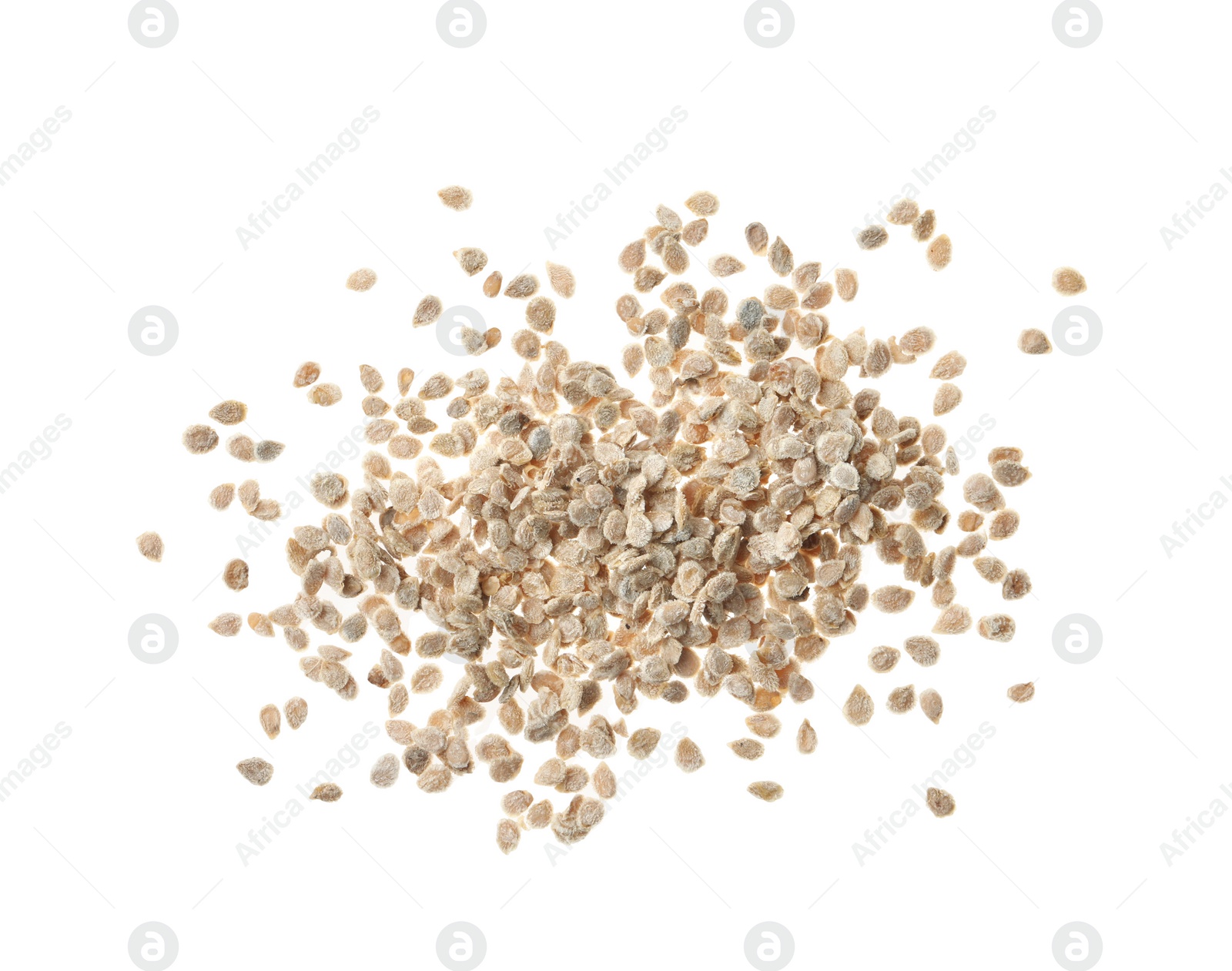Photo of Pile of raw tomato seeds on white background, top view. Vegetable planting