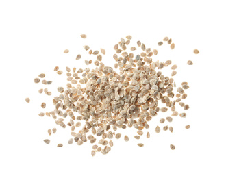 Photo of Pile of raw tomato seeds on white background, top view. Vegetable planting