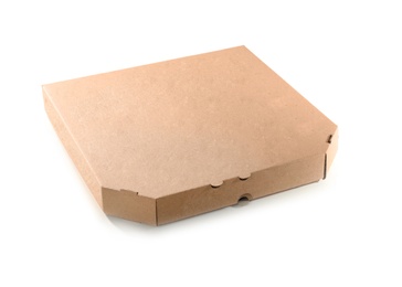 Photo of Cardboard pizza box on white background. Food delivery