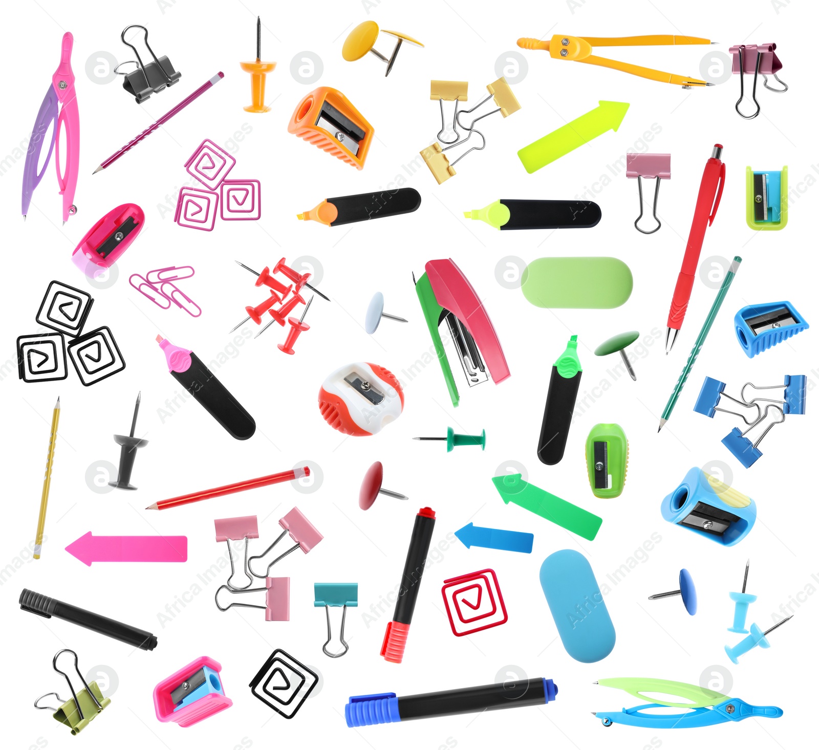 Image of Set of bright school stationery on white background