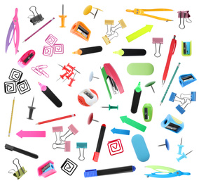 Image of Set of bright school stationery on white background