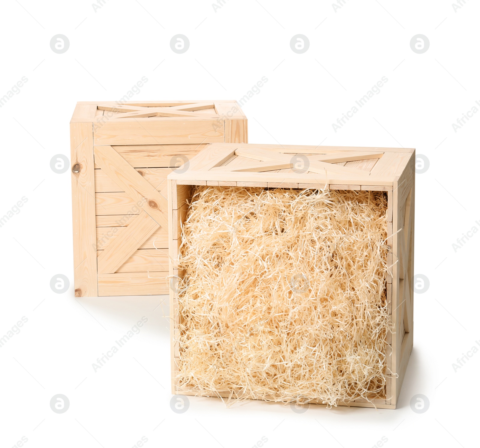 Photo of Wooden crates on white background. Shipping containers