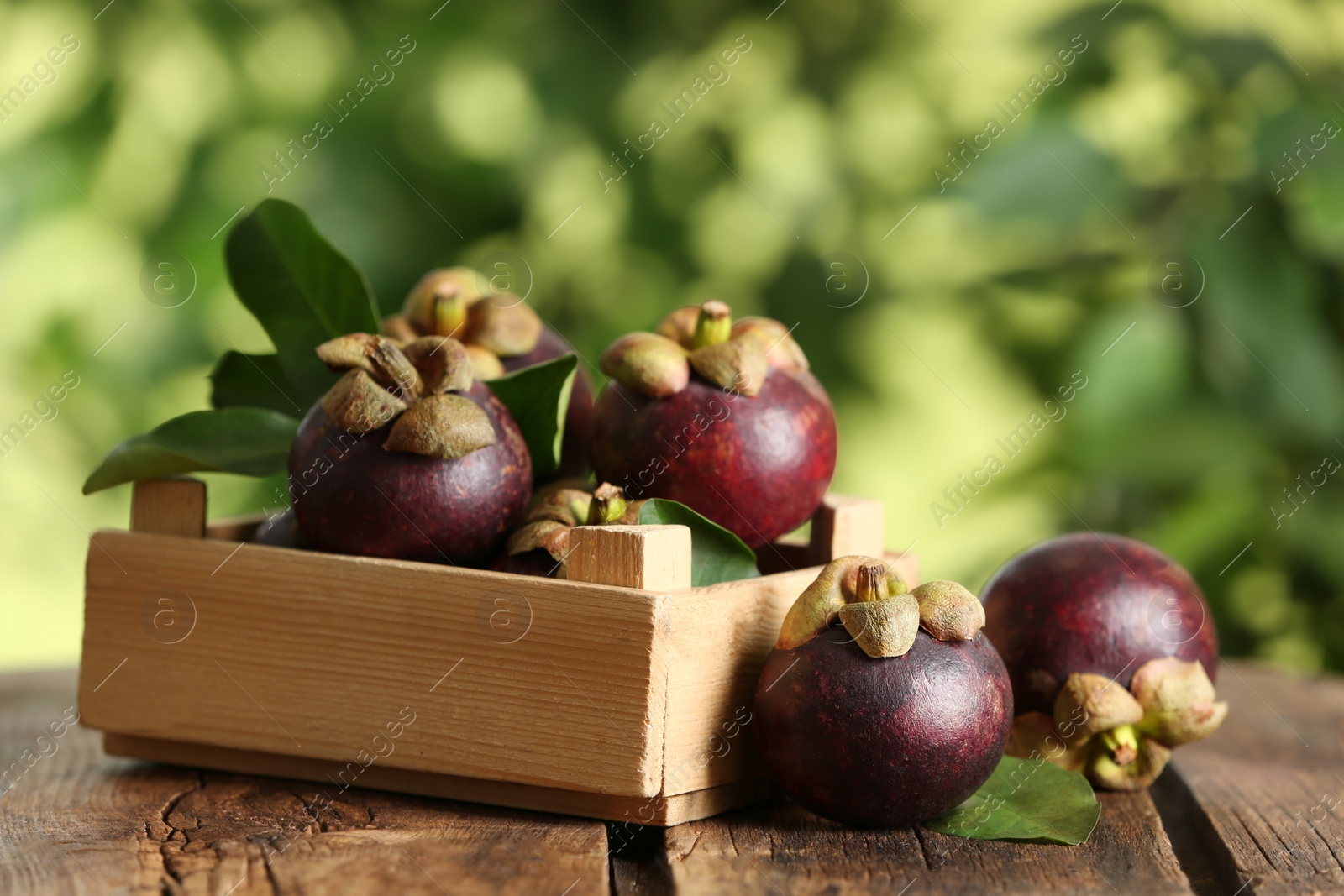 Photo of Delicious tropical mangosteen fruits on wooden table