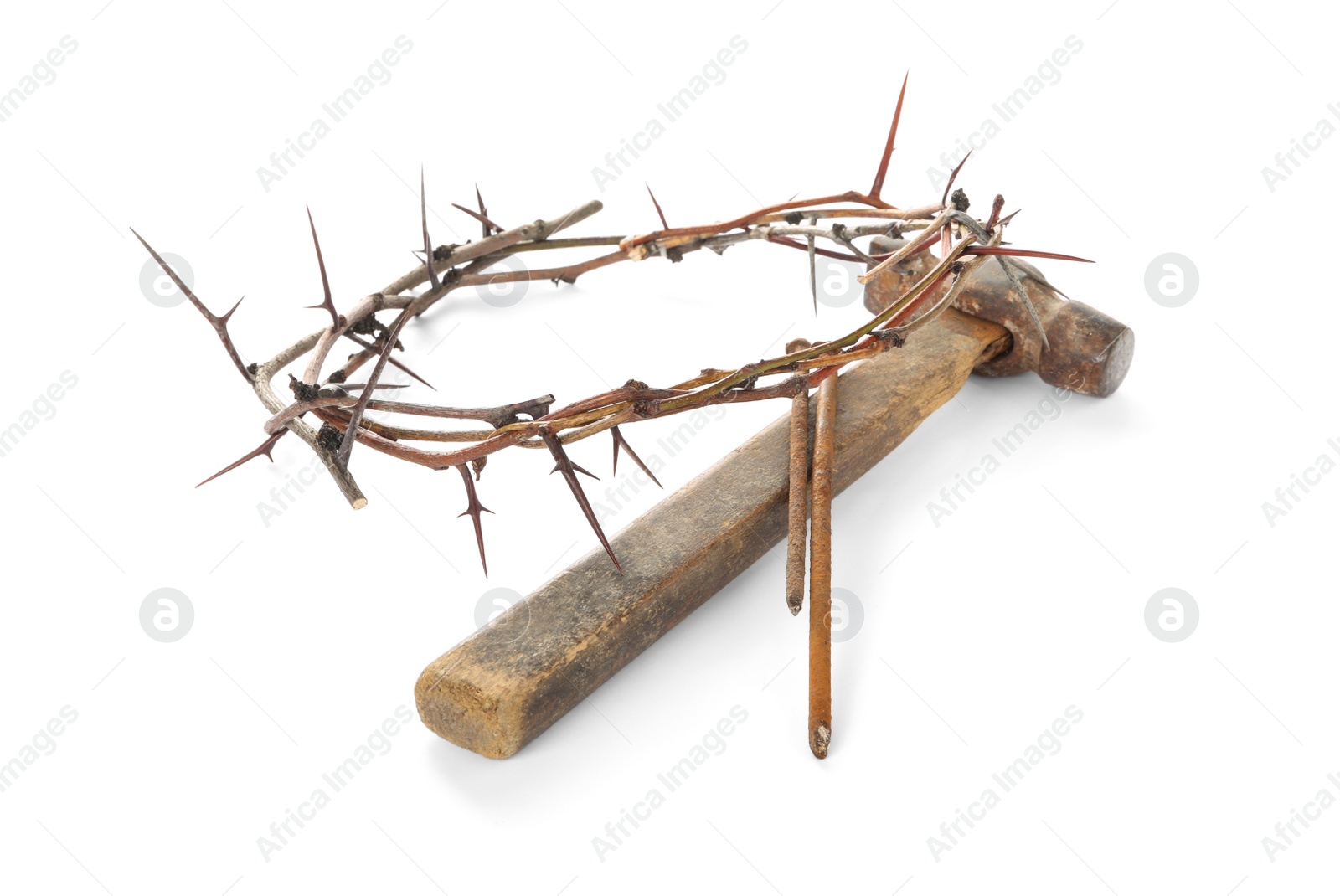 Photo of Crown of thorns, nails and hammer on white background. Easter attributes