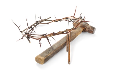 Crown of thorns, nails and hammer on white background. Easter attributes