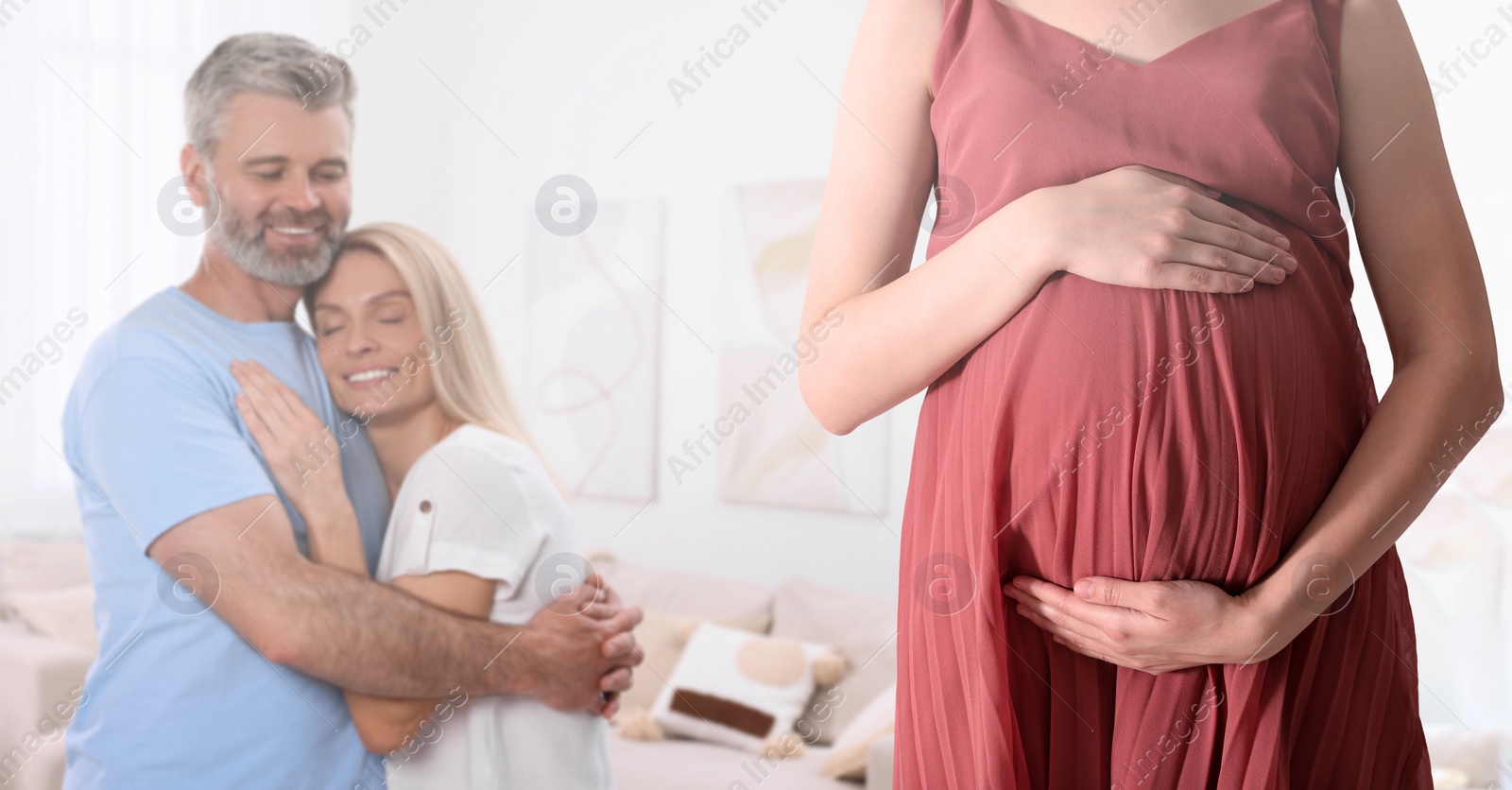 Image of Surrogate mother and intended parents indoors. Banner design