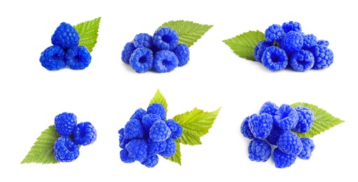 Image of Set with fresh tasty blue raspberries on white background. Banner design