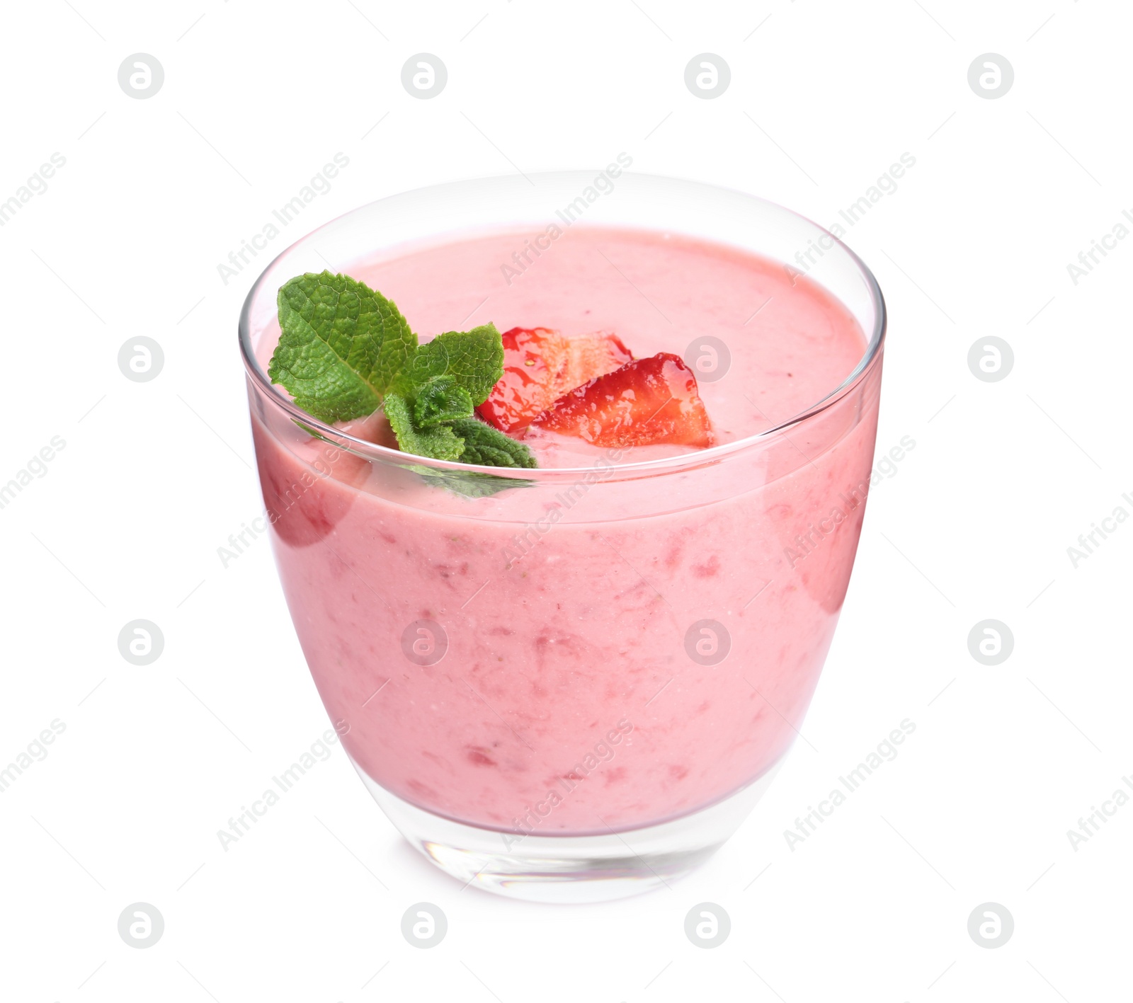 Photo of Tasty strawberry smoothie with mint in glass isolated on white