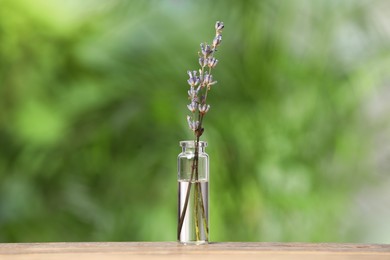 Photo of One bottle with essential oil and lavender on wooden table against blurred green background