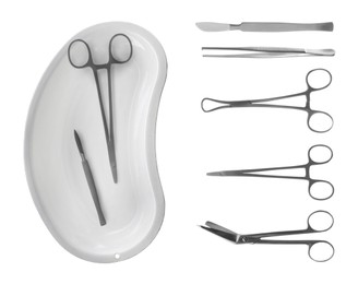 Set with different surgical instruments on white background 