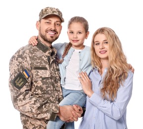 Soldier in Ukrainian military uniform reunited with his family on white background