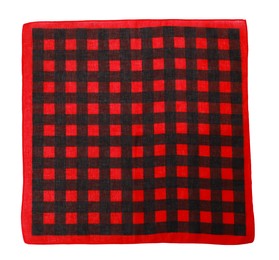 Photo of Red bandana with check pattern isolated on white, top view