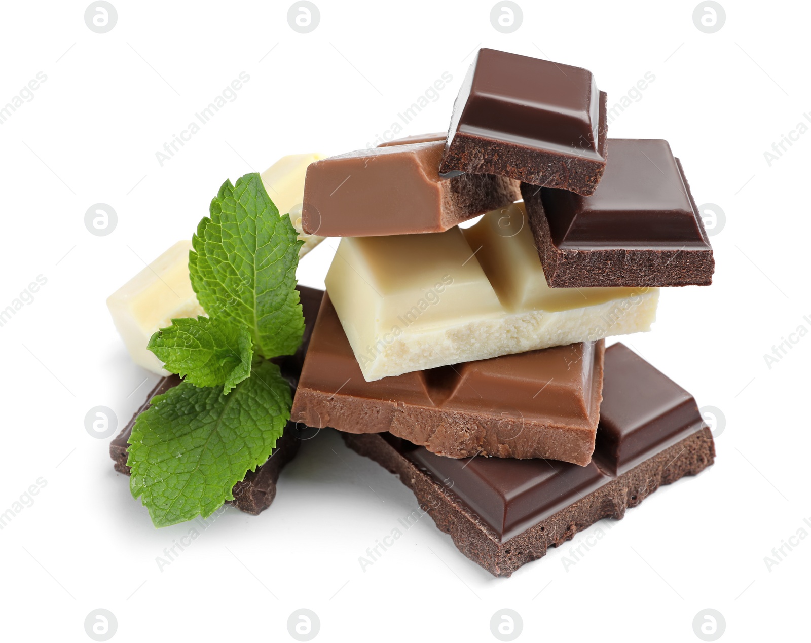 Photo of Different kinds of chocolate with mint on white background