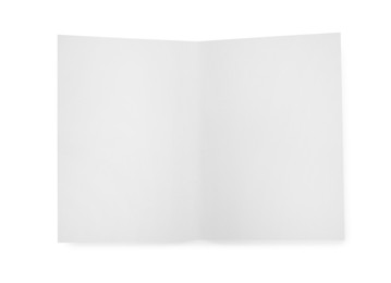 Open blank paper brochure isolated on white, top view. Mockup for design