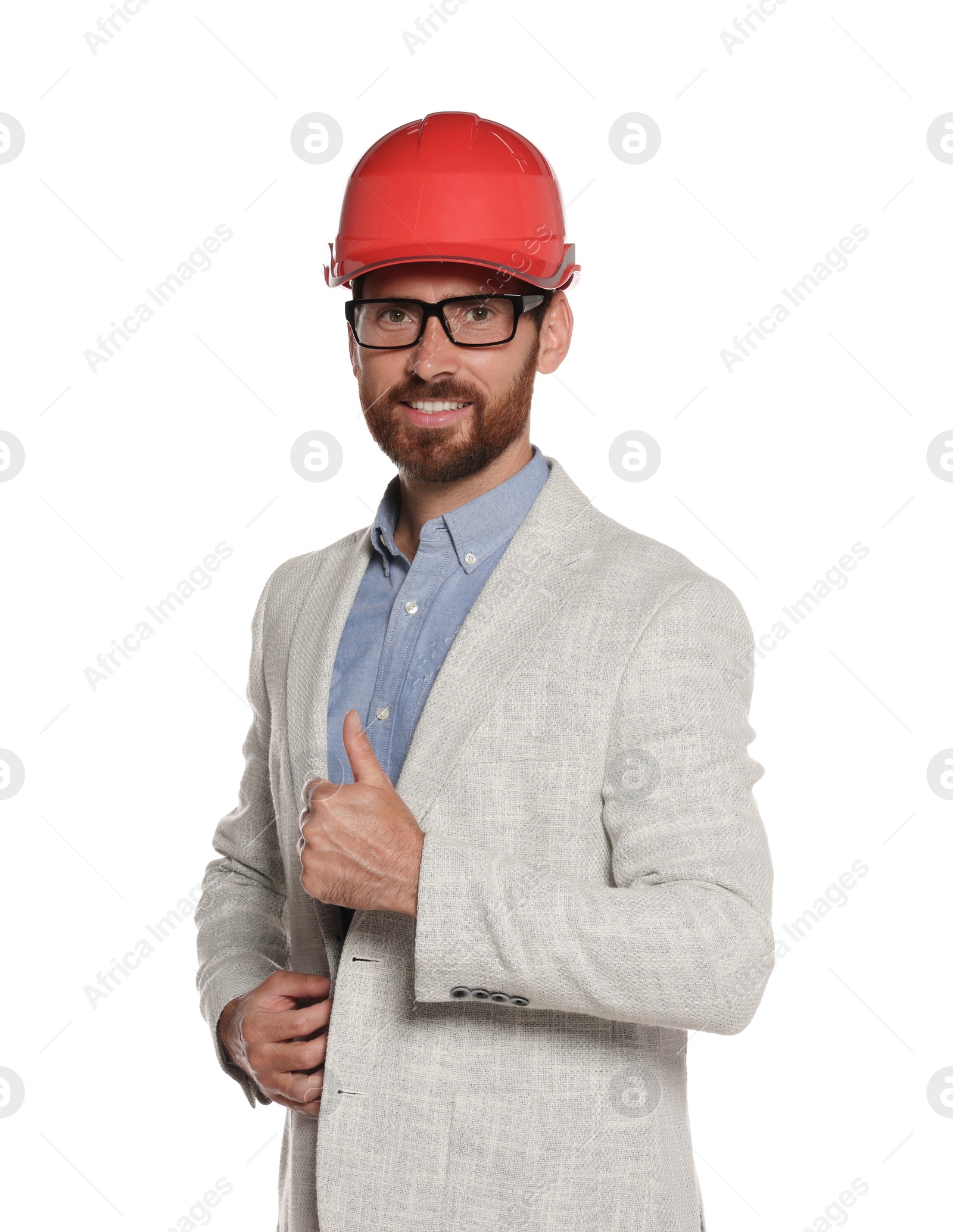 Photo of Professional engineer in hard hat isolated on white