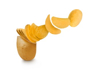 Image of Raw potato turning into tasty crispy chips on white background